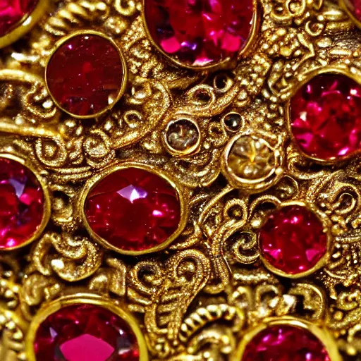 Image similar to 4 4 tiny rubies embedded in an engraved 1 8 k gold plate macro photo deviant realistic