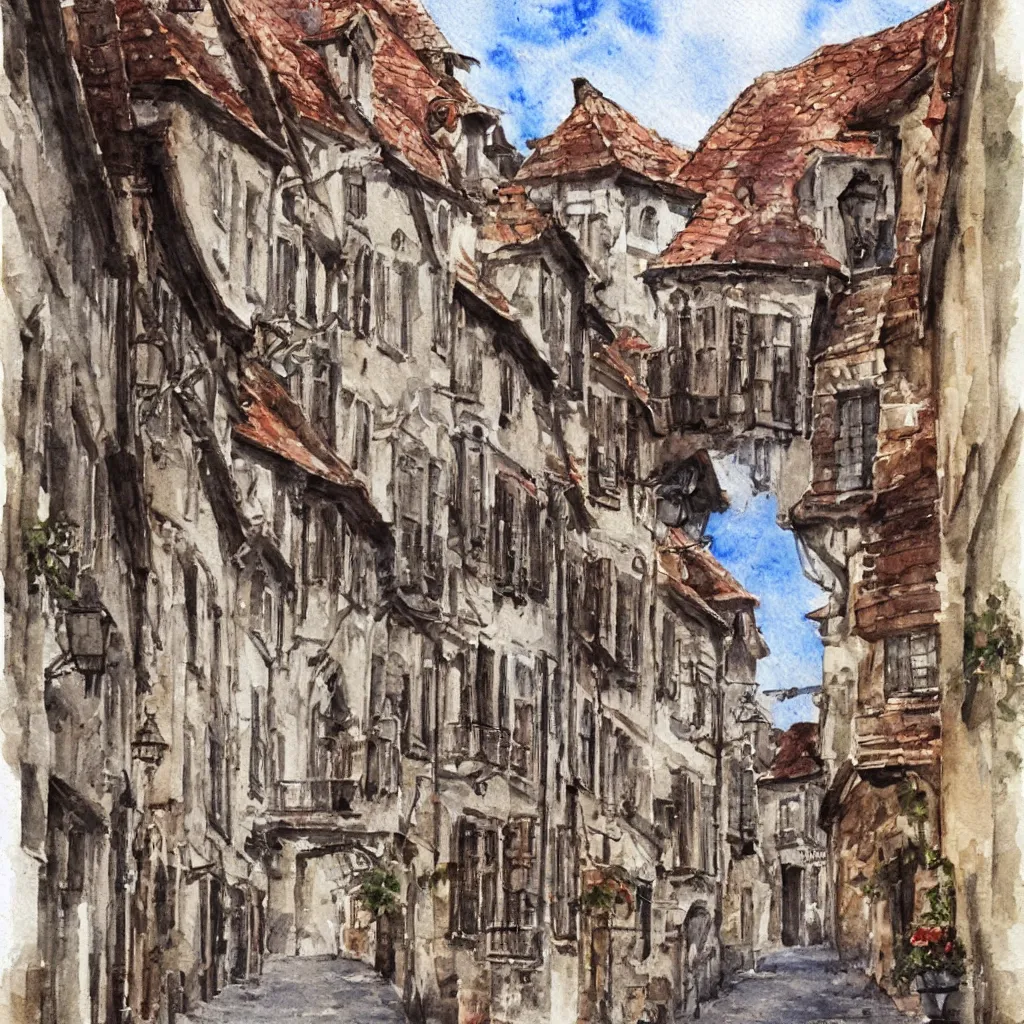 Prompt: street in an old european town , very beautiful award-winning watercolor painting by a very talented artist, extremely detailed