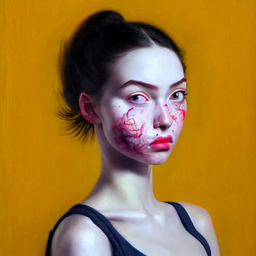 Image similar to Facial portrait of a pretty young cute girl, looking at the camera, slight awkward smile, lips slightly parted, no hands visible, extremely detailed painting by Greg Rutkowski and by Henry Justice Ford and by Harumi Hironaka