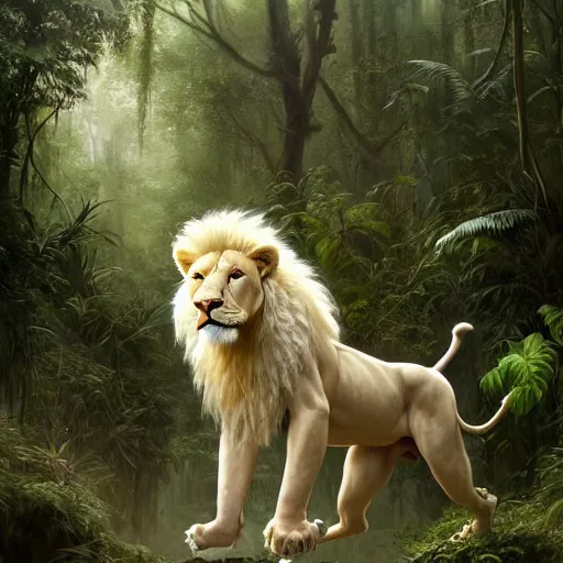 Image similar to commission portrait of a male anthro albino lion,dressed in jungle clothes,goung through a jungle.,dramatic,character design by charles bowater,greg rutkowski,ross tran,hyperdetailed,hyperrealistic,4k,deviantart,artstation,professional photography,concept art