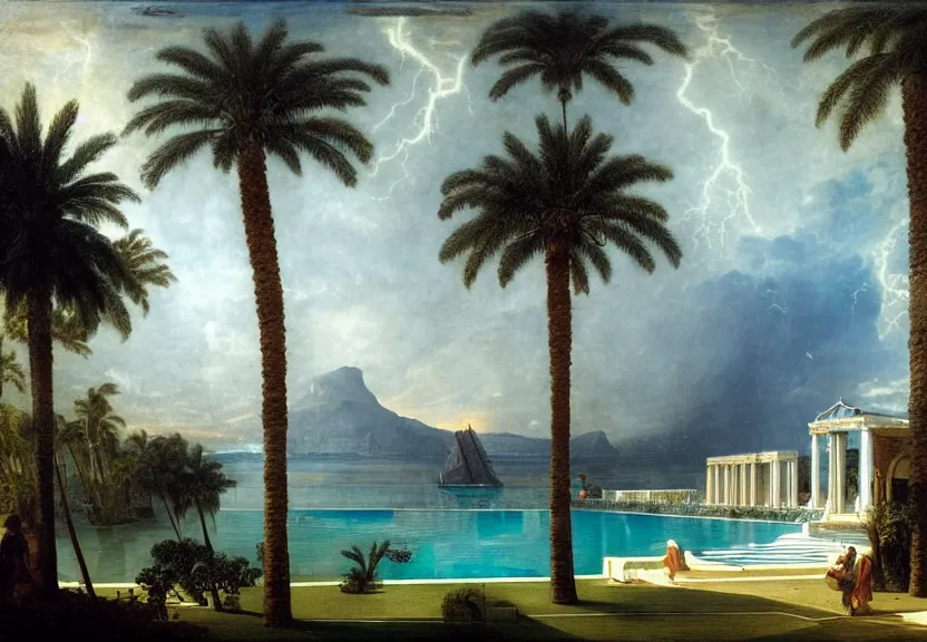 Image similar to Palace floating in the sky, 1km tall, thunderstorm, greek pool, beach and palm trees on the background major arcana sky, by paul delaroche, hyperrealistic 4k uhd, award-winning very detailed