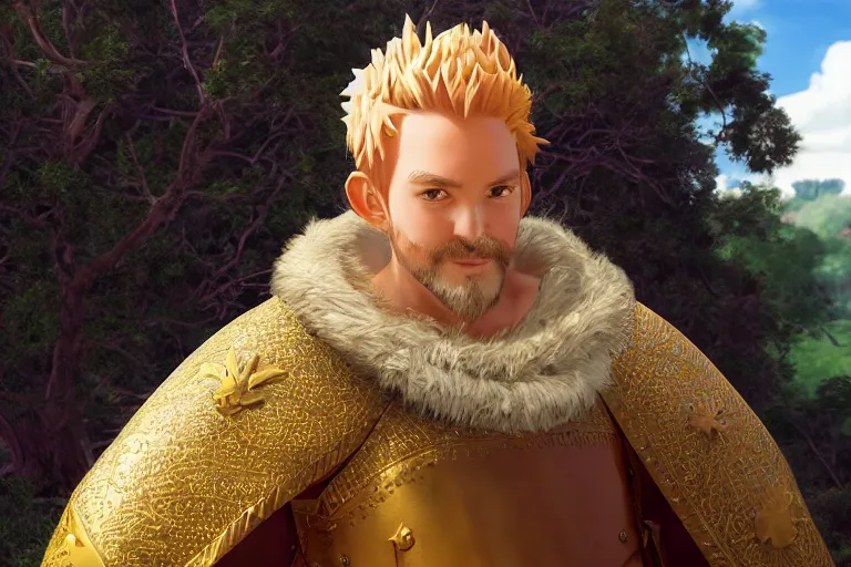 Image similar to a detailed 3 d render of king richard the lionhearted as a shonen anime protagonist, poncho, 1 8 th century south america, octane render, 8 k, volumetric lighting, in the style of disney, art by albert bierstadt and greg rutkowsi