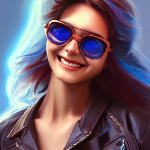 Prompt: closeup painting of a very beautiful young mexican cyberpunk woman smiling, wearing light blue shades and a leather jacket, one side haircut, long brown hair with light blue ends, portrait, hyperdetailed, artstation, cgsociety, 8 k