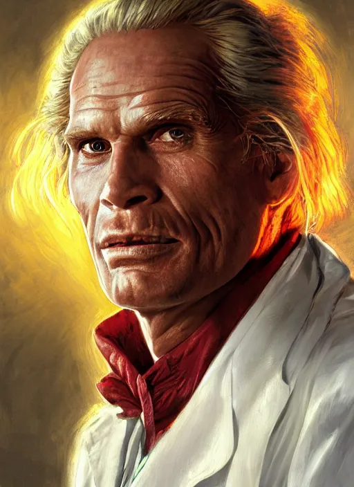 Prompt: formal portrait of surprised charlton heston as doc brown wearing a white lab coat, digital art by eugene de blaas, ross tran, and nasreddine dinet, vibrant color scheme, intricately detailed, in the style of romanticism, cinematic, artstation, greg rutkowski