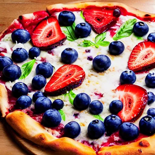 Prompt: a pizza of blueberries, strawberries and coconut, realistic photo, studio photo, professional photo, commercial photo, hdr, trend in artstation