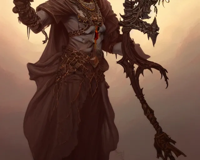 Image similar to an undead desert lich, holding a goat head staff, deep focus, d & d, fantasy, intricate, elegant, highly detailed, digital painting, artstation, concept art, matte, sharp, illustration, hearthstone, art by artgerm and greg rutkowski and alphonse mucha