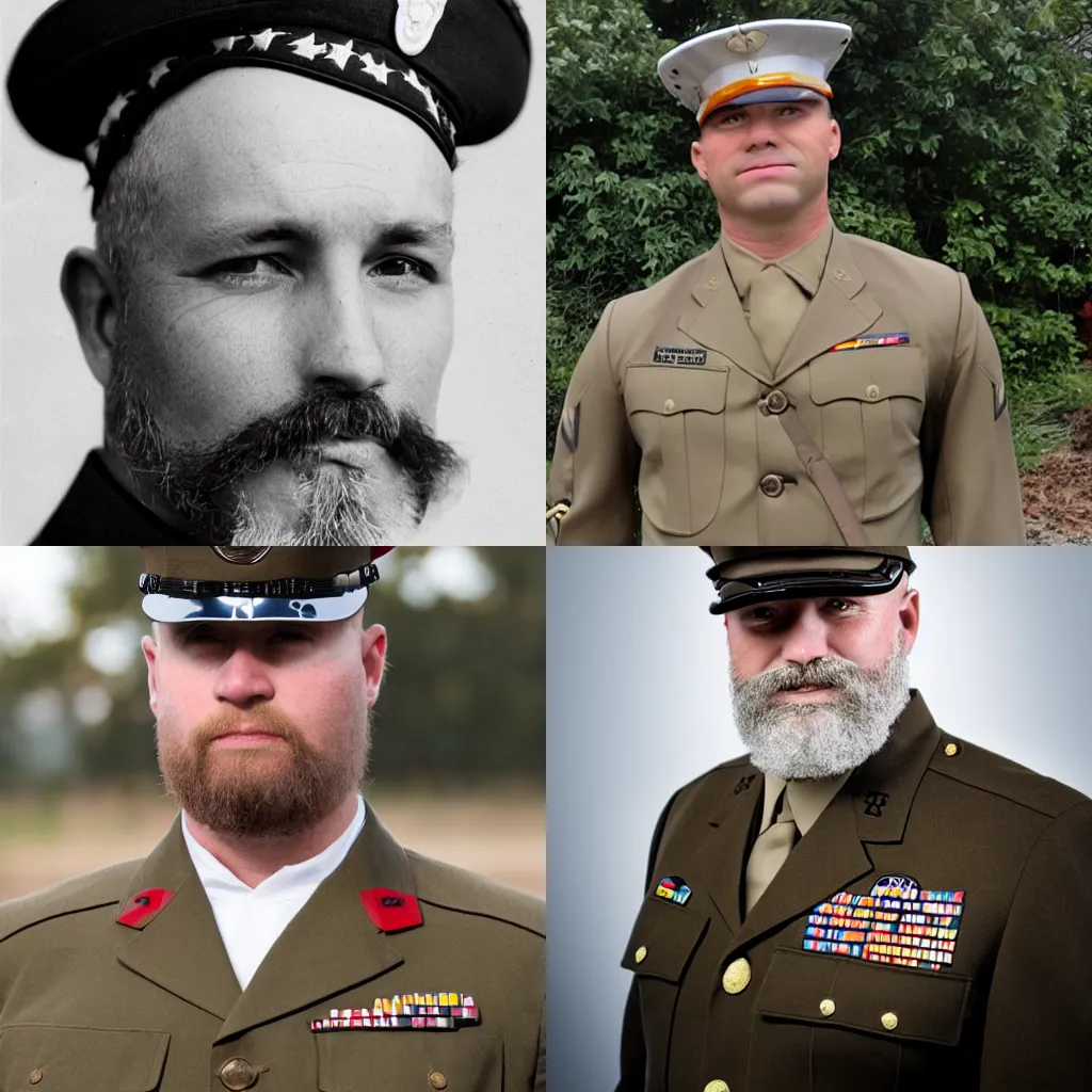 Prompt: American man in Marines uniform with a stubble beard and white hair