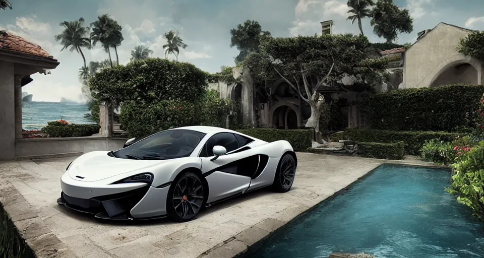 Prompt: mclaren in villa, front sea,digital art,ultra realistic,ultra detailed, ultra wide Lens, art by greg rutkowski