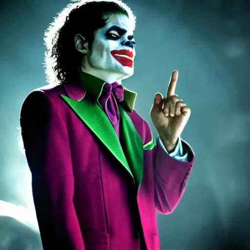 Image similar to stunning awe inspiring michael jackson as the joker, movie still 8 k hdr atmospheric lighting