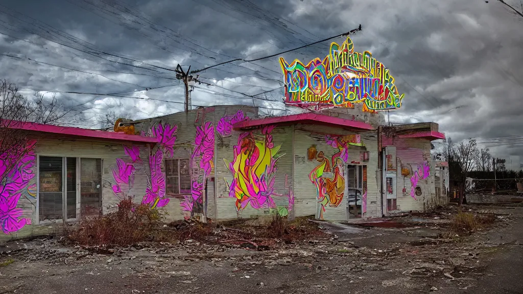 Image similar to psychedelic immaculate dogwood abandoned fastfood restaurant, postapocalypse, cinematic