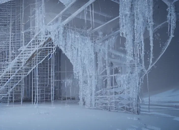 Prompt: a detailed photo of a very frosted and cold scaffolding - tube in a bright light room rendered in octane 8 k