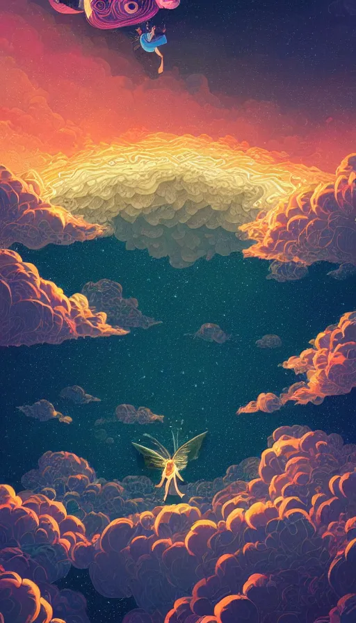 Prompt: little luminous fairies floating on top of cosmic cloudscape at sunset, futurism, dan mumford, victo ngai, kilian eng, da vinci, josan gonzalez