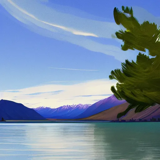 Prompt: Lake Wānaka | scenery, striking and laidback, summer palette, illustration | featured on ArtStation