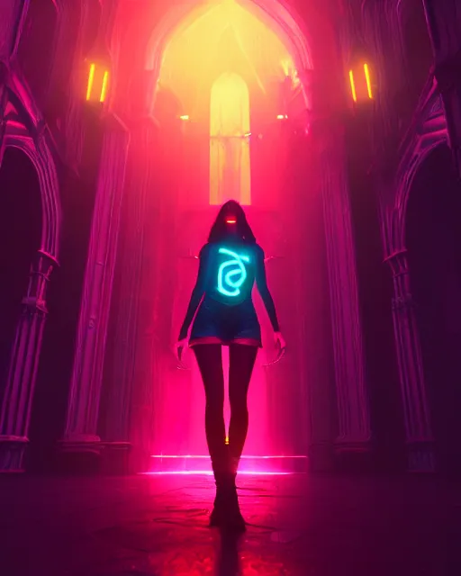 Image similar to neon raver girl in a dark bloody cathedral, cgsociety, detailed, unreal engine, textured, cinematic, character design, concept art, colors trending on artstation