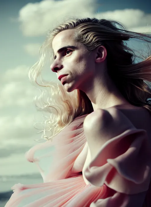 Image similar to portrait photography of a beautiful woman, in fine art photography style of Giovanni Gastel , brit marling style 3/4 , natural color skin pointed in rose, the hair is like stormy clouds, full body dressed with a ethereal transparent voile dress, elegrant, 8K, soft focus, melanchonic soft light, volumetric dramatic lighting, highly detailed Realistic, hyper Refined, Highly Detailed, natural point rose', outdoor soft lighting, soft dramatic lighting colors scheme, soft blur lighting, fine art fashion photography