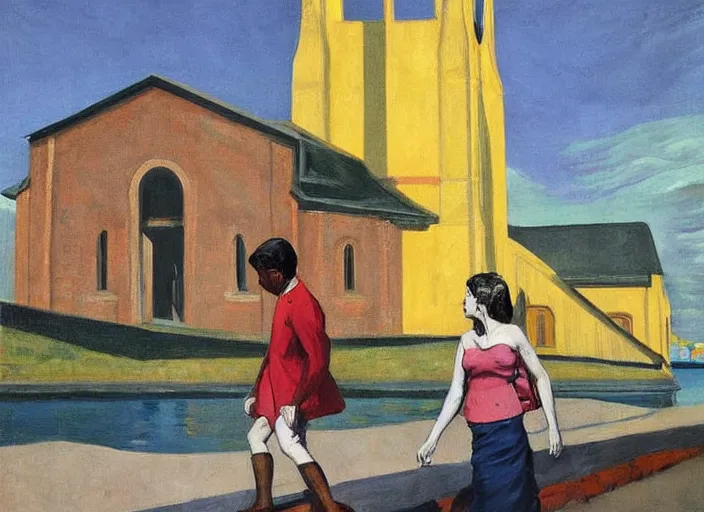 Image similar to painting, young lovers holding hands walking by river, she's wearing rags and feathers from salvation army counters, and the sun pours down like honey on our lady of the harbor church in montreal, by paula rego, by neo rauch, by edward hopper