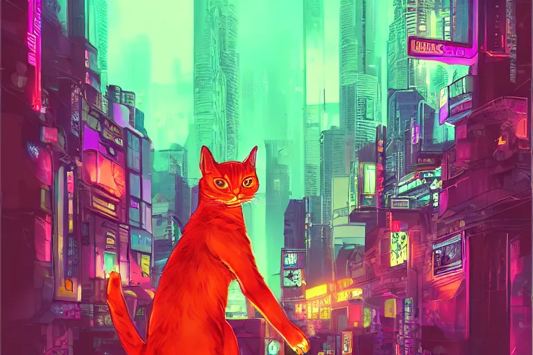 Image similar to cyberpunk ginger cat in the city, neon lighting, digital art, trending on artstation, fanart, by kawacy