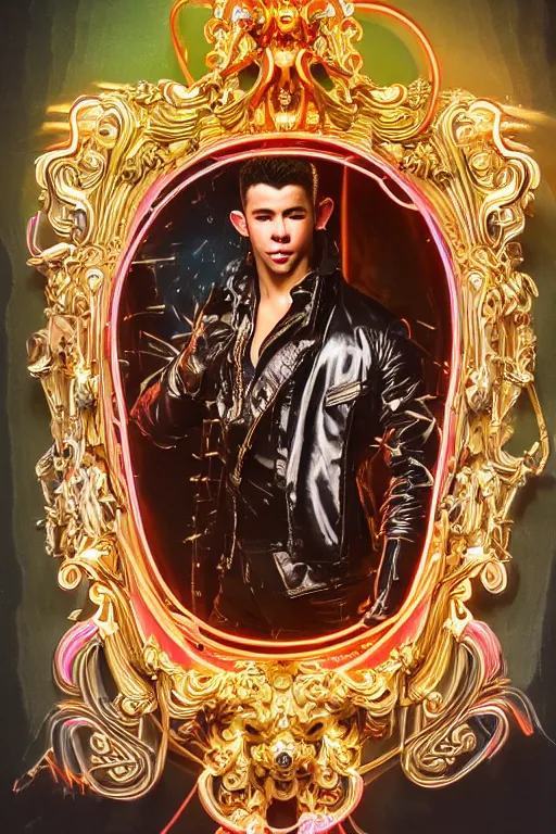 Image similar to full-body bladerunner neon rococo style sculpture of a handsome Spanish Nick Jonas as a half cibernetic android with a chest opening exposing circuitry and electric sparks, glowing laser beam eyes, crown of giant diamonds, flowing neon-colored silk, fabric, raptors. baroque elements. full-length view. baroque element. intricate artwork by caravaggio. many many birds birds on background. Trending on artstation, octane render, cinematic lighting from the right, hyper realism, octane render, 8k, depth of field, 3D