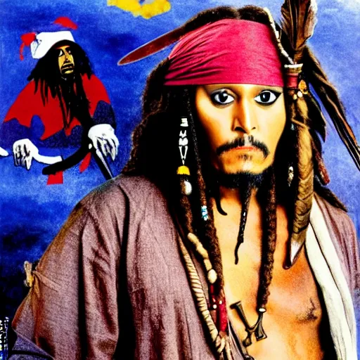 Prompt: paul mooney as jack sparrow in the style of modern movie poster by otto dix