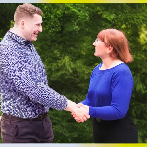 Image similar to jerma985 shaking hands with Cathy Mitchell, wide shot, 4k, professional photography, detailed