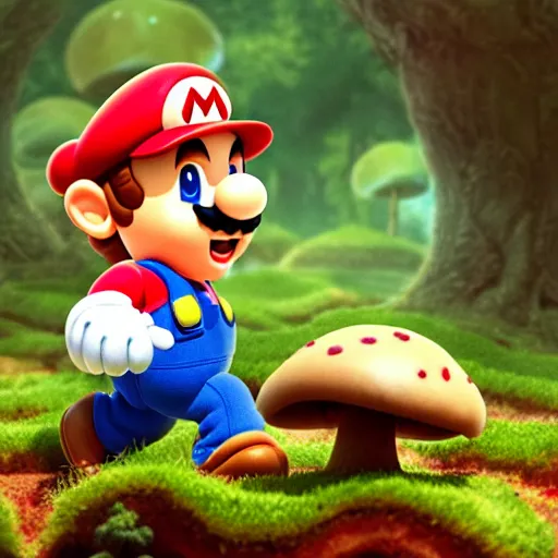 Prompt: Toad from Mario brothers running through a mushroom forest drawn by frank frazetta, background by Norman Rockwell 4k, volumetric lighting, trending on artstation, octane render, hyperrealistic