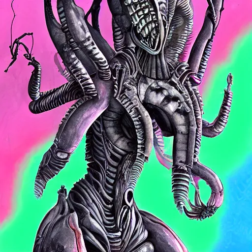 Image similar to detailed painting of a hybrid between a xenomorph and a my little pony, in the style of h r giger and wayne barlowe