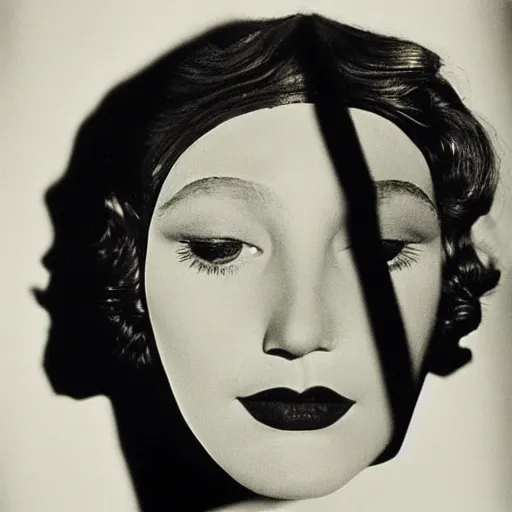 Image similar to Close-up portrait of a femme fatale. Face. Shadow and light. Abstract. Lines and geometry. Surrealist. Very aesthetic. Black and white. Side lighting. Golden ratio. Photography by Dora Maar. 1934.
