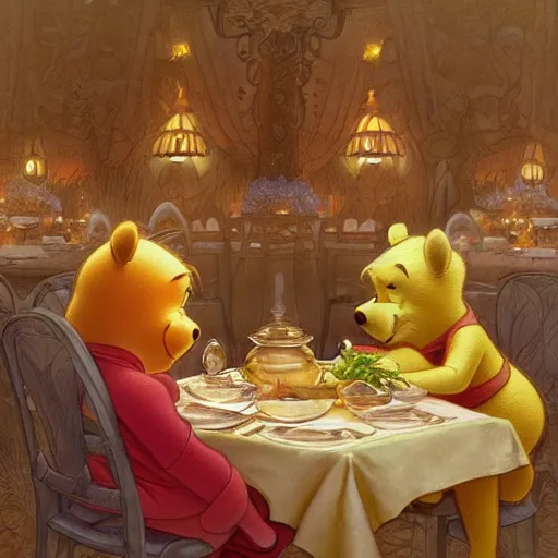 Prompt: Winnie the Pooh invites Tiger and Piglet to dine in a very fancy restaurant. Elegant, intricate, digital painting, artstation, concept art, smooth, sharp focus, illustration, art by artgerm and greg rutkowski and alphonse mucha