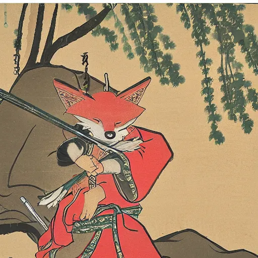 Image similar to samurai fox with a katana. sakura forest in the background. old japanese painting. fresco