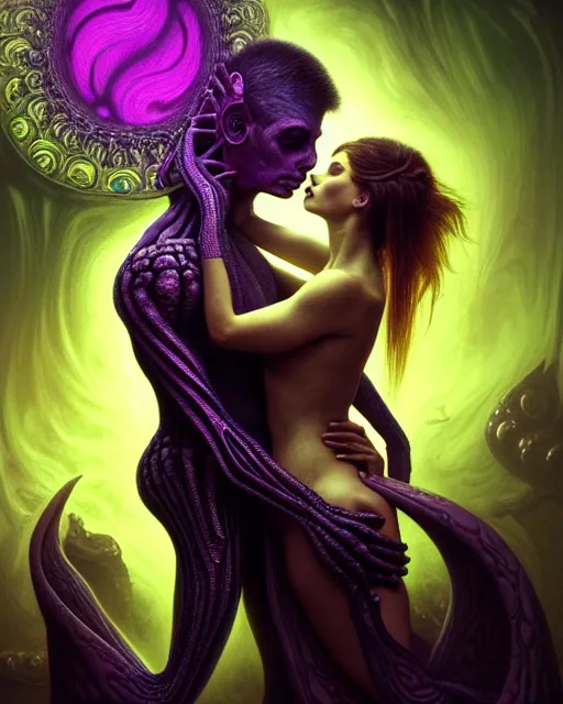 Prompt: fractal lovers by giger, passionate pose, ethereal, golden ratio, deep focus, d & d, dark fantasy, intricate purple green glow accents, elegant, highly detailed, digital painting, artstation, concept art, matte, sharp focus, octane render, hearthstone, art by artgerm and greg rutkowski and alphonse mucha