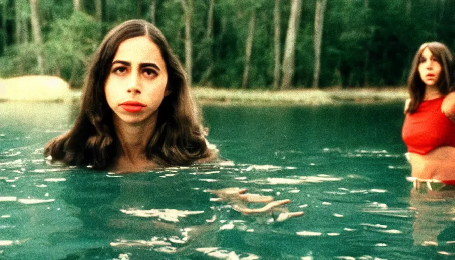 Image similar to 7 0 s film still from a horror movie about riley reid standing in the middle of a lake, kodachrome, cinecolor, cinestill, film grain, film texture, retro, cinematic, high resolution, photorealism,