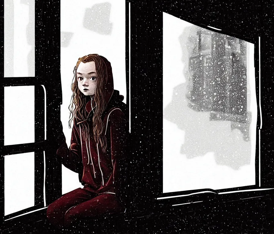 Image similar to sadie sink in hoodie sits on windowsill, knees tucked in | rain falls at night : storyboard, scifi cyberpunk. by joe alves, gabriel hardman, chris bonura. cinematic atmosphere, detailed and intricate, perfect anatomy