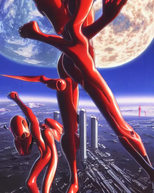 Image similar to neon genesis evangelion by noriyoshi ohrai, hd, hyper detailed, dark, sky, half moon, dark atmosphere, 4 k