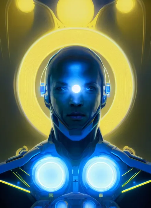 Image similar to symmetry!! portrait of a man, sci - fi, tech wear, blue and yellow glowing lights!! intricate, elegant, highly detailed, digital painting, artstation, concept art, smooth, sharp focus, illustration, art by artgerm and greg rutkowski and alphonse mucha