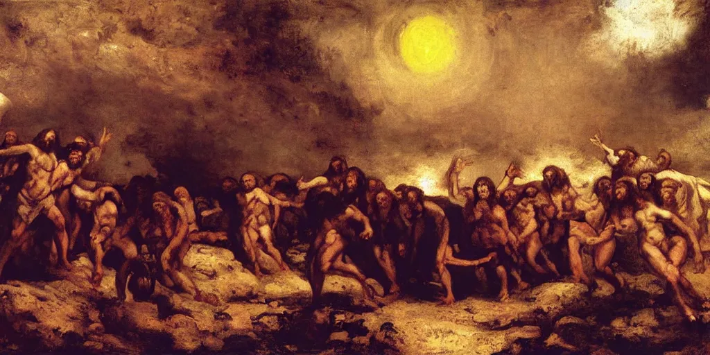 Image similar to Jesus Christ, walking through hell, to destroy Satan's kingdom, a fantasy digital Painting, by Gustave Courbet