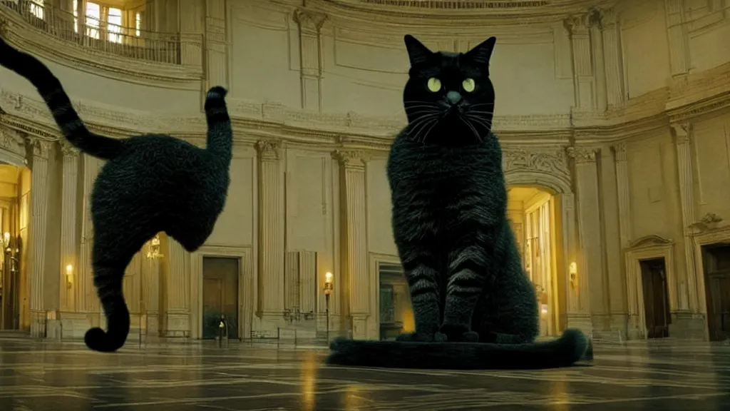 Image similar to the giant cat in city hall, film still from the movie directed by denis villeneuve and david cronenberg with art direction by salvador dali, wide lens