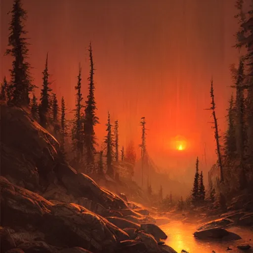 Image similar to illustration of an alaskan wildness just before darkness, strange red glow in the sky, greg rutkowski