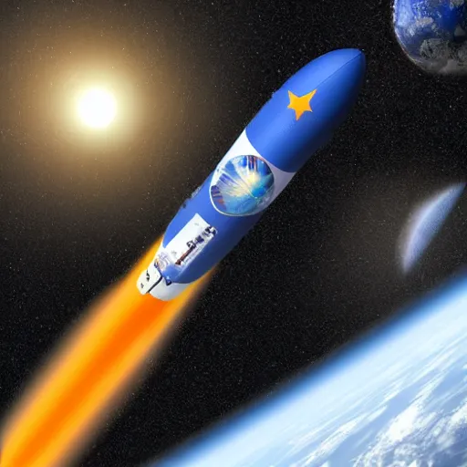 Image similar to Blue Ariane rocket with orange planet in background in space, photorealistic