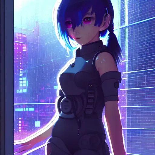 Image similar to cyberpunk anime art, refractions on lens, rowan atkinson as a beautiful cyborg girl in the style of arcane, full round face, biomechanical details, full body shot, rain, wet street, window reflections, lens flare, wlop, ilya kuvshinov, artgerm, krenz cushart, greg rutkowski