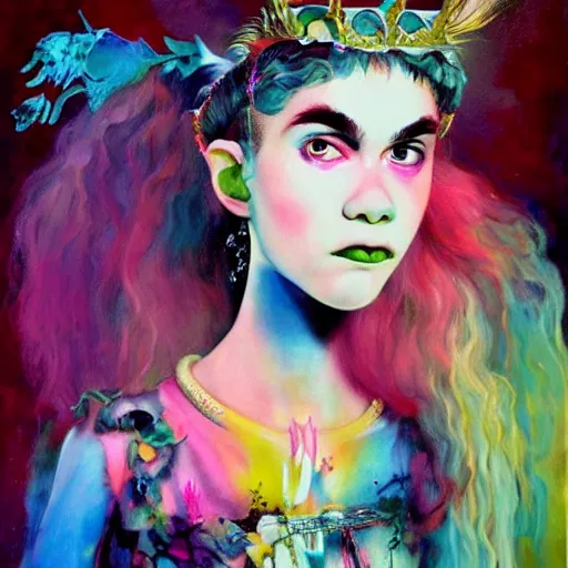 Image similar to grimes a. k. a. claire elise boucher painted by dali, dreamy, bright colors