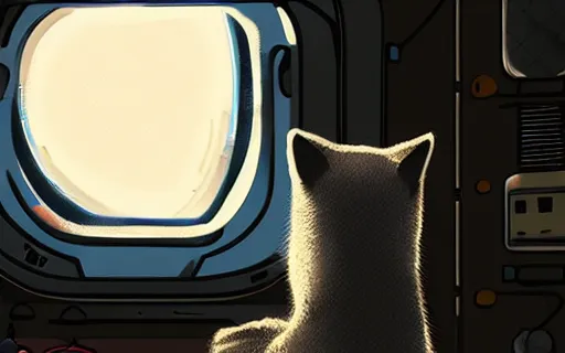 Prompt: cat in a space suit from behind in a space station watching the stars trough a large window, digital painting, dramatic lighting, highly detailed, artstation, concept art