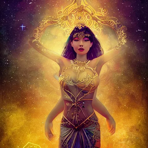 Prompt: camera floating among stars, tarot card, intricate beautiful female goddess, field various angles by ross tran, water, golden ratio, vivid colors, trending on ArtStation, cgsociety gustav klimt frame, bokeh