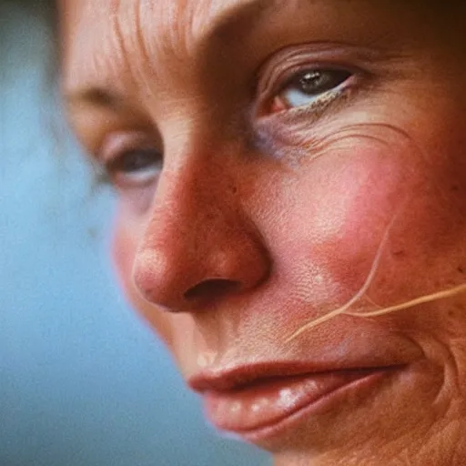 Image similar to a candid extreme closeup portrait of an expressive face of a bored happy woman by annie leibovitz