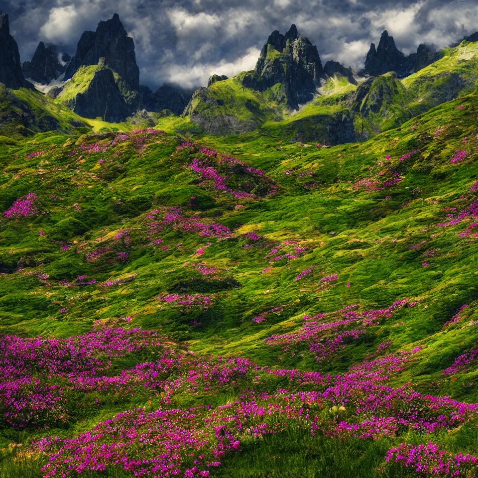 Prompt: valley of flowers with high and small monoliths, humans, renaissance style, film grain, high detailed,