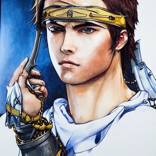 Image similar to portrait of a young white hero using his right arm to hold his sword covering his eye by yoji shinkawa, high quality, extra details, realism, ornate, colored, golden chain, blood, white skin, short hair, brown eyes, vivid, sunlight, headband, eyepatch, white american soldier, painting, cybernetics, military