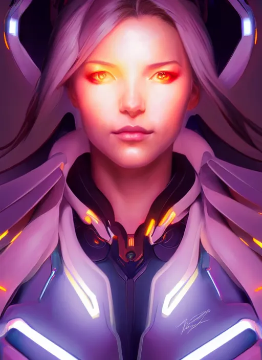 Image similar to symmetry portrait of mercy from overwatch, sci - fi, tech wear, glowing lights intricate, elegant, highly detailed, digital painting, artstation, concept art, smooth, sharp focus, illustration, art by artgerm and greg rutkowski and alphonse mucha