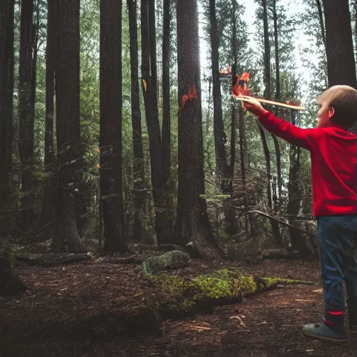 Prompt: A Boy with Fire power in the forest