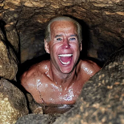 Prompt: photo inside a cavern of a wet reptilian humanoid rapper joe biden partially hidden behind a rock with black eyes open mouth and big teeth