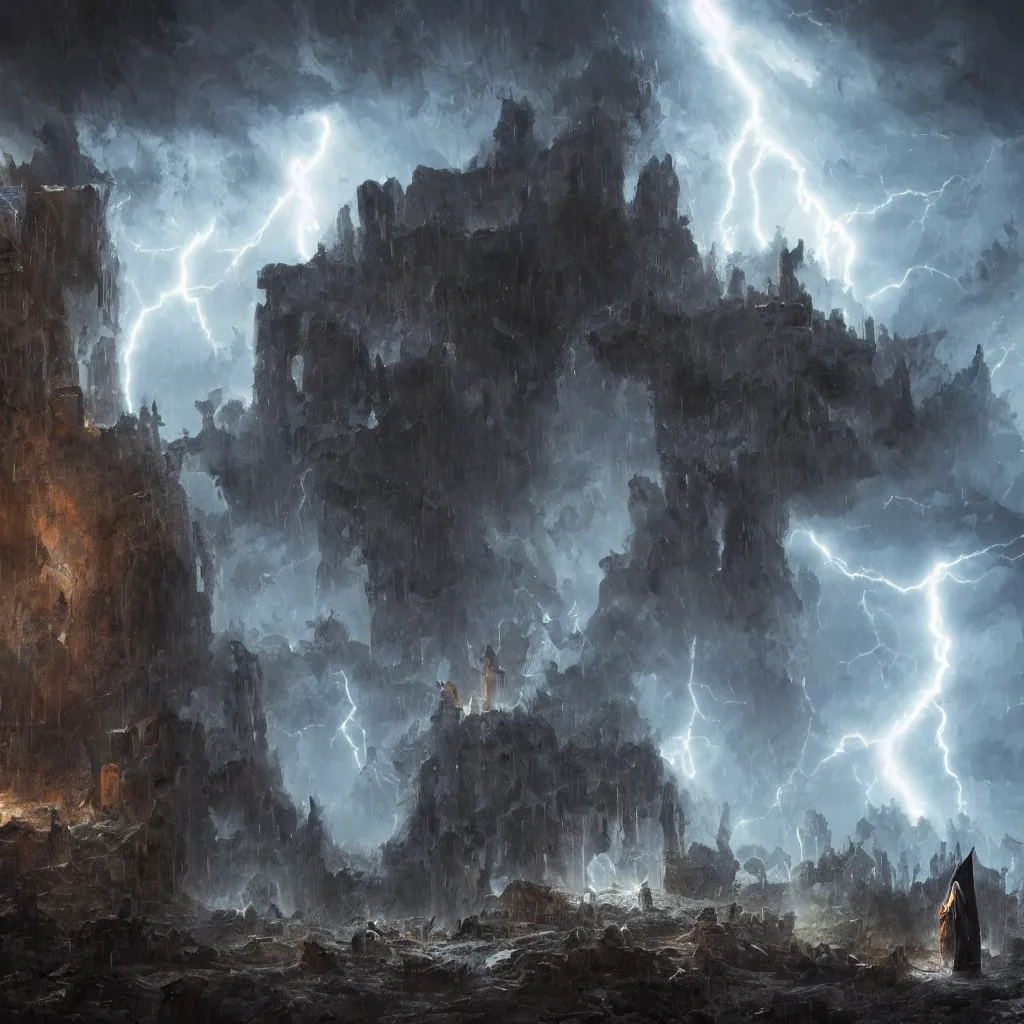 Image similar to a still of a cloaked figure standing in the ruins of crux prime, monastery, there is lightning, blue fiery maelstrom in the distance, it is raining, digital art, artstationhq