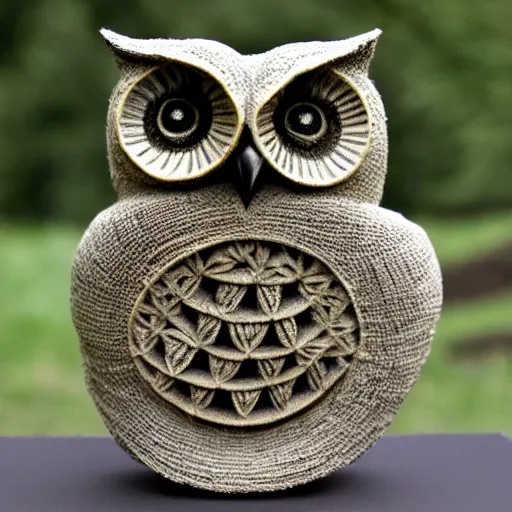 Prompt: symmetrical detailed sculpture of an owl, made of hemp